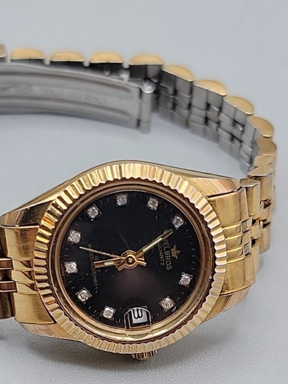 Vintage Helbros Ladies Diamond Accent Quartz Watch Black & Gold Tone 25mm 7" - Picture 11 of 13